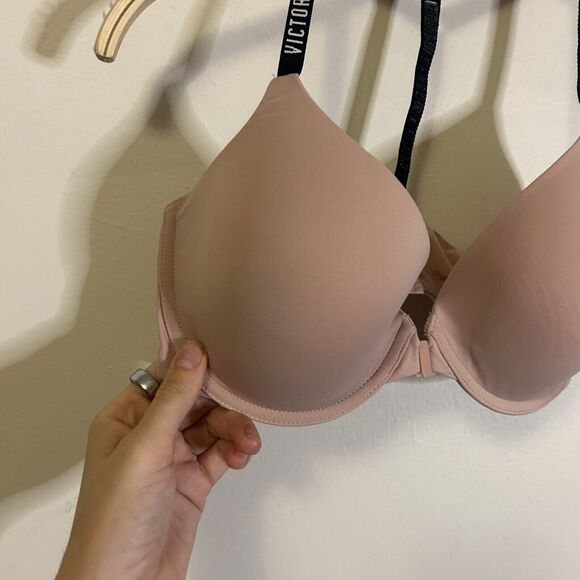 Victoria Secret Underwire Padded T-back Uplift Semi Demi Bra 32DD Beige‎ - Picture 2 of 4